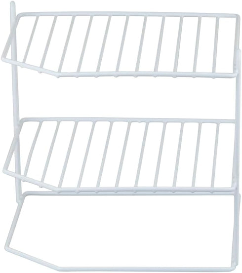 2-Tier 9x9x8.5in Home Basics Corner Rack, White, Vinyl Coated Steel, Rust Resistant, Shelf, Keeps Spices and Cups