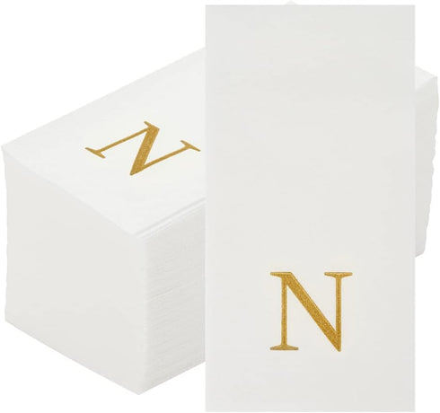 15.8 7.9 Inch 50 Luxenap X Linen-Feel Guest Towels, Lettered Hand Towels - Gold Letter 'N', Sans Serif Font, White