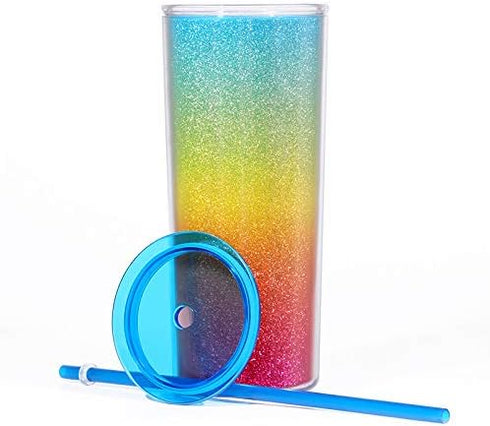 Home Tune Rainbow Tumbler with Straw, Sand Flow Glitter Double Wall Acrylic Cup, 21 oz / 640ml, Blue