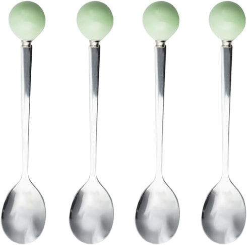 Stainless Steel Coffee Spoon, Teaspoon, Sugar Spoon, Korean Dessert Spoon with Ceramic Ball, 4 Pieces 5.5 Inches Green
