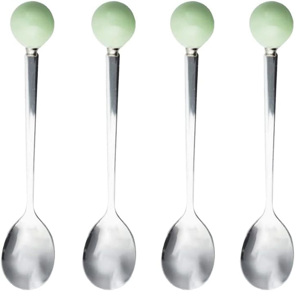 Stainless Steel Coffee Spoon, Teaspoon, Sugar Spoon, Korean Dessert Spoon with Ceramic Ball, 4 Pieces 5.5 Inches Green