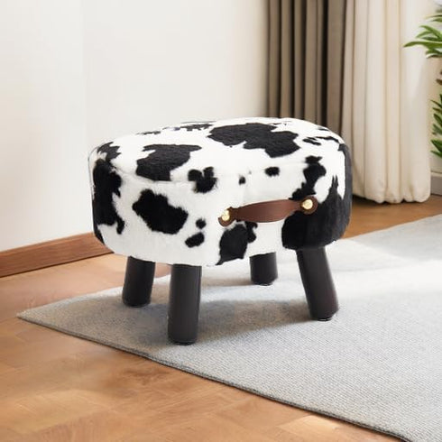 Small Footstool with Handle, Faux Fur Ottoman Foot Rest with Padded Seat, Curved Foot Stool with Wooden Legs, Portable