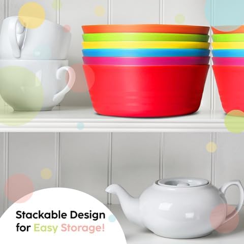 Kids Plastic Bowls Set of 12, 10 Ounce Microwave Dishwasher Safe BPA Free Non Toxic Toddler Bowls in 6 Bright Colors