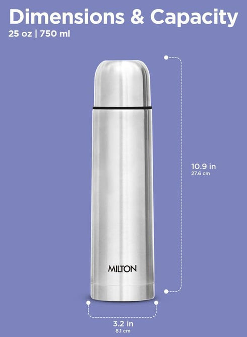 Milton Thermosteel 750 ml Flip Lid Thermos | Double Walled Vacuum Insulated Water Bottle | Stainless Steel, Silver
