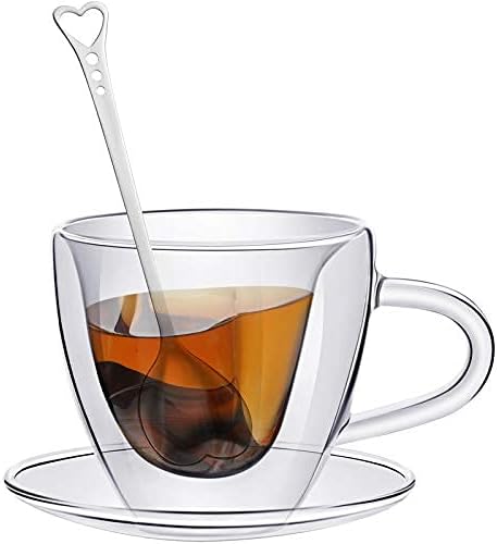 Patelai Heart Shaped Double Walled Glass Insulated Coffee Mug, 180 Ml, 6 oz Cappuccino Cup with Saucer & Spoons