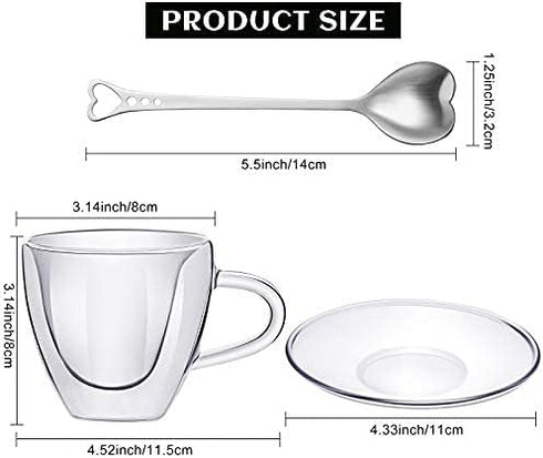 Patelai Heart Shaped Double Walled Glass Insulated Coffee Mug, 180 Ml, 6 oz Cappuccino Cup with Saucer & Spoons