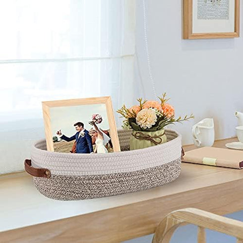 Woven Storage Basket for Toilet Tank Top, Farmhouse Organizing Decor for Bathroom, Table, Counter 13"x5.9"x4" Apricot