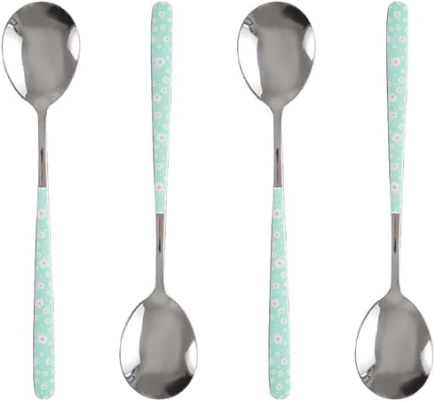 Set of 4 Stainless Steel Soup Spoons, Korean Dessert Spoons, Green Daisy Mixed Color, 8 Inches