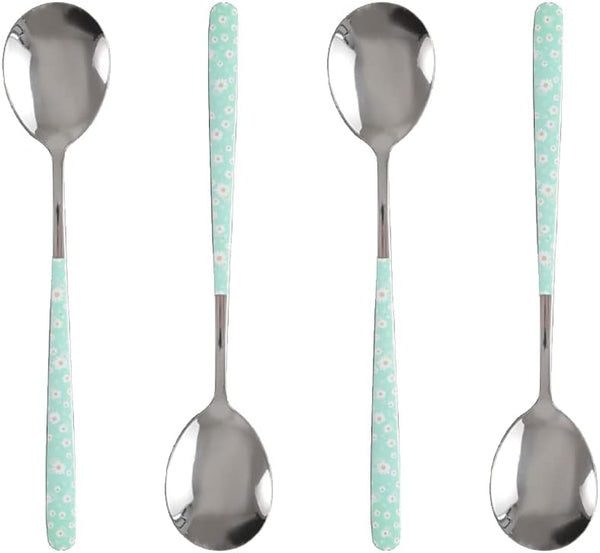 Set of 4 Stainless Steel Soup Spoons, Korean Dessert Spoons, Green Daisy Mixed Color, 8 Inches