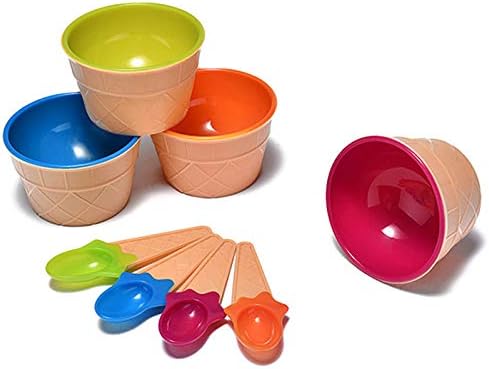 Dessert Bowls, 4 Pack Ice Cream Bowl Spoon Set, Durable Plastic Frozen Yogurt Cups with Spoons, Lovely Dessert Bowl for