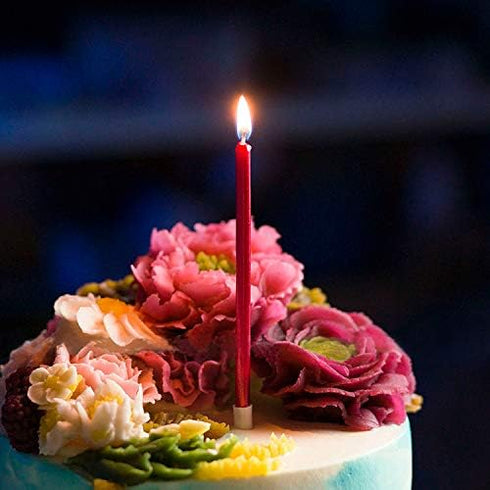 12 Count Long Thin Red Birthday Cake Candles with Holders for Birthday, Wedding Party, Cupcake Decorations