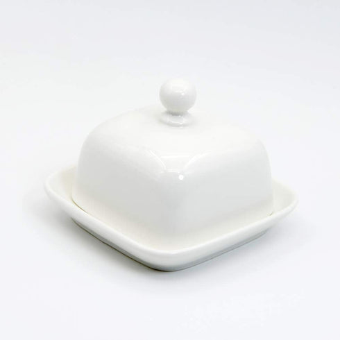 NAGU Mini Square Butter Dish with Lid, White Porcelain Domed Cheese Dish with Handle for Countertop Serving