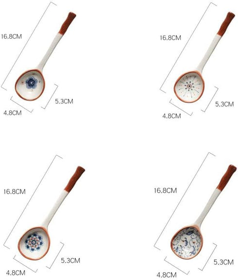 Chinese Ceramic Large Spoon, Handmade Long Handle Asian Spoons, Retro Porcelain Spoons, Ramen Spoons, Pho Spoons, Large Soup Spoons with Cute Hand-Painted Pattern