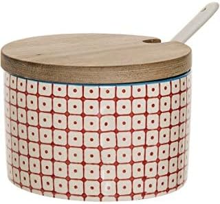 Bloomingville Ceramic Sugar Bowl with Bamboo Lid/Spoon Carla, 4'' Dia, 2.75'' H, Red Stoneware, 8.75 fl oz