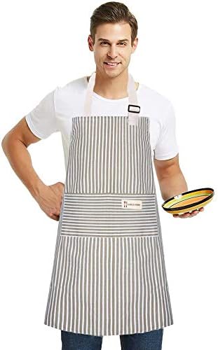 Lofekea Adjustable Bib Aprons, 2 Pack with 2 Pockets, Cotton Linen Cooking Chef Apron for Women and Men