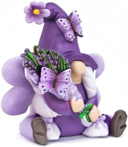 Lavender Gnomes Decor: Spring Resin Garden Gnome Decorations for Home Indoor/Outdoor, Pastel Purple Butterfly Gnome