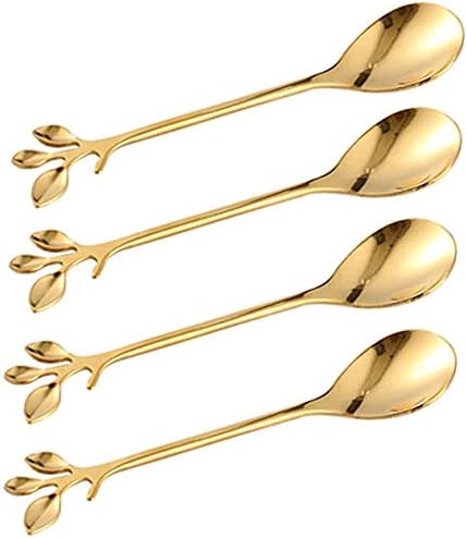 12 pcs Stainless Steel Gold Leaf Coffee Spoon Set, Creative Tableware Dessert Spoons for Ice Cream, Cake, Tea