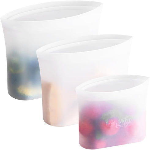 Winrock Reusable 100% Silicone Food Storage Bags, New Generation Stand Up Zip Container, 3 Pack (51oz, 34oz, 17oz)