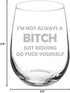 MIP Funny Wine Glass Goblet - I'm Not Always A B*tch Just Kidding (17 oz Stemless)