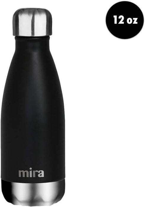 MIRA 12 oz Insulated Water Bottle - Slim Stainless Steel Cola Shape Thermos - Double Wall Hot & Cold Flask (Black)