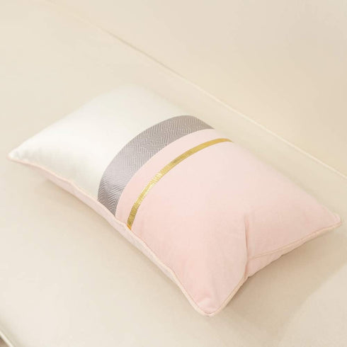 Avigers 12 x 20 Inches Pink White Gold Leather Striped Patchwork Velvet Cushion Case, Luxury Modern Throw Pillow Cover