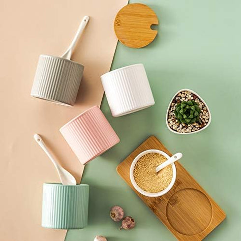 Ceramic Embossed Stripe Sugar Bowl, Spice Jar Storage Seasoning Pot with Lid and Spoon