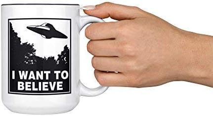 Artisan Owl I Want to Believe UFO Mug, 15oz Funny Alien Tea & Coffee Cup for Sci-Fi Fans in Black Inlay