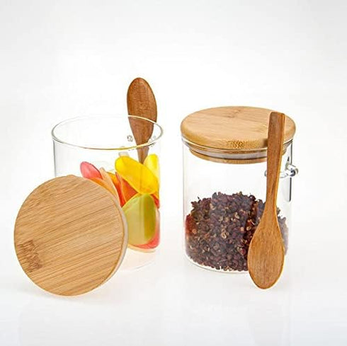 123Arts Glass Container Sugar Bowl, Spice Jar Food Storage with Wooden Lid and Spoon