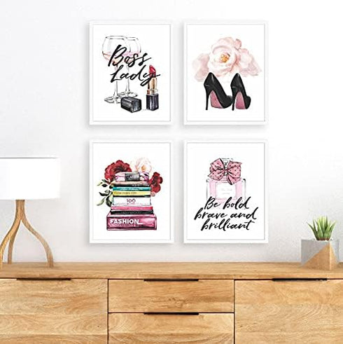 Eleville 8X10 Unframed Set of 4 Modern Fashion Woman Art Prints, Inspirational Quotes for Kids Room Decor