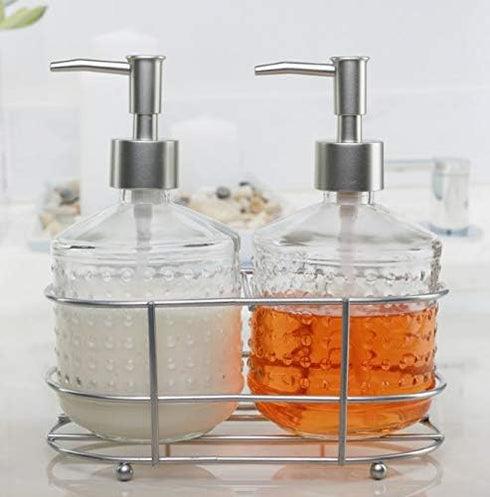Circleware 32470 Dispenser Bottle Pumps in Metal Caddy, Set of 2, 17.5 oz, Nickel Hobnail