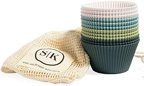 The Silicone Kitchen Reusable JUMBO Silicone Baking Cup, Non-Toxic, BPA Free, 12 Pack, White Blue Green