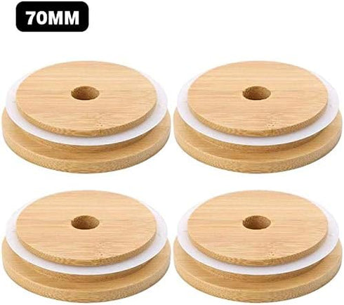 TOUSHI 4 Pcs Regular Mouth Bamboo Mason Jar Lids, Reusable Bamboo Caps with Straw Hole for Glass Canning Jars