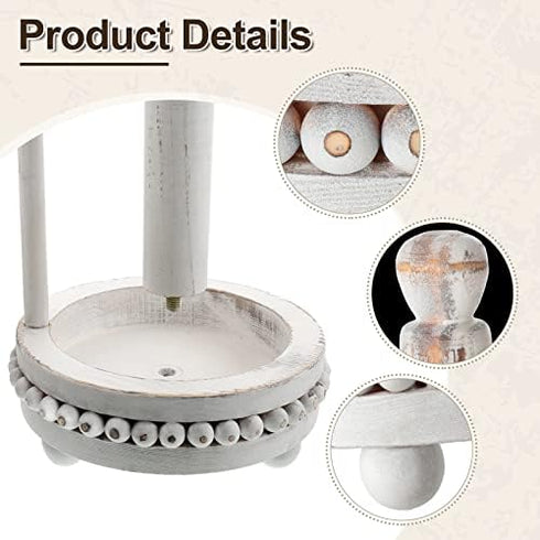Rustic Farmhouse Paper Towel Holder - Washed Beaded Wood Stand for Kitchen Bathroom Dining Countertop Decor (White)