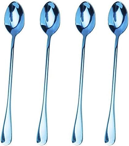 Long Handle Iced Tea Spoon Set of 4, Stainless Steel Coffee Mixing Spoons, Blue
