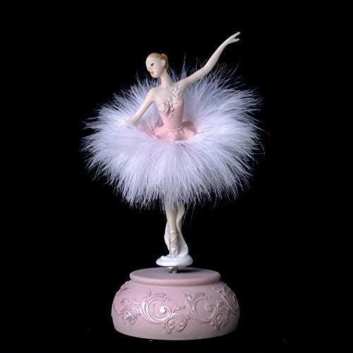 Chagar Feather Skirt Ballerina Rotating Music Box Figurine,White and Pink Manual Control Dancing