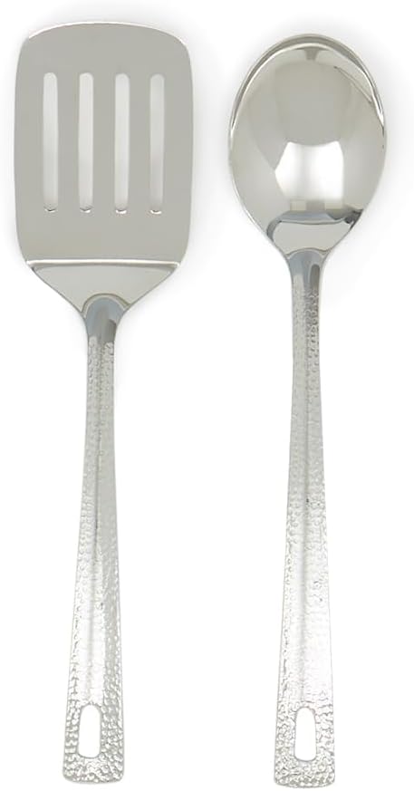 Stainless Steel Utensil Set with Elegant Hammered Finish, Includes Slotted Turner and Serving Spoon