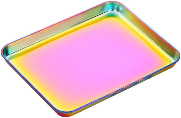 Rainbow Baking Tray, Stainless Steel Flat Food Serving Sheet, Rectangular Decorative Party Kitchen Pan (12.25 x 9.65 x
