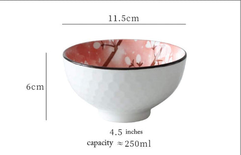 Set of 4 Mose Cafolo Japanese Style Ceramic Rice Bowls, Assorted Designs with Phum Flowers, Gift Box