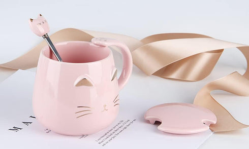 Pink Ceramic Coffee Mug, Cute Cat Handmade Tea Cup with Stainless Steel Spoon, Unique Hot Chocolate Novelty Mug for