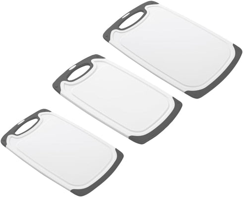 Restaurantware Comfy Grip Cutting Board Set Food-Grade Kitchen Board Set - 3-Piece Set TPR Border And Handle White And Gray PP Plastic Chopping Boards Dishwashable With Deep Juice Grooves by Restaurantware
