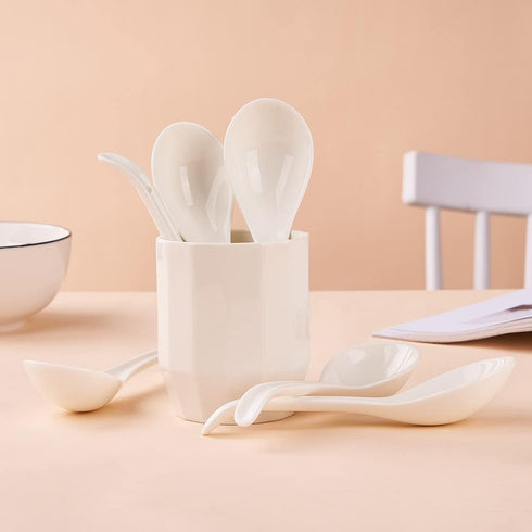 Porcelain Soup Spoons Set of 6, 6.6 Inch Ceramic Chinese Soup Spoons for Asian Ramen