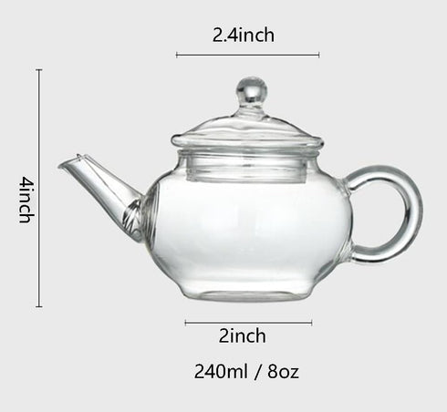 123Arts Small Tea Pot, Glass Teapot with Infuser, Tea Kettle for Loose Tea with Lid, 8 Oz
