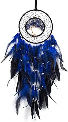 Dreamlike Deep Blue Tree of Life Dream Catcher, Handmade Feather Wall Hanging for Girls Bedroom Decor