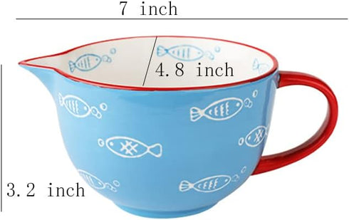 Blue Fish Pattern Kitchen Ceramic Mixing Bowl, 0.5 Quart Large Bowl, with Pouring Spout and Handle by Gaolinci