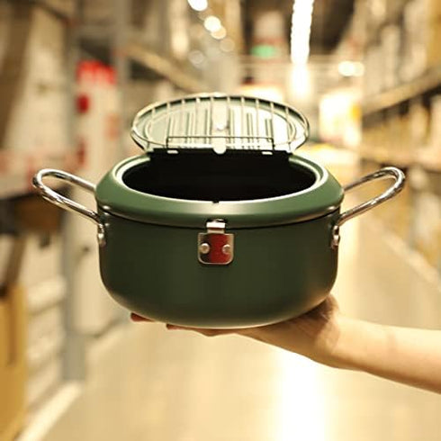 Japanese Tempura Deep Fryer Pot - Nonstick Carbon Steel Oil Fryer with Thermometer, 3.5L, Green Big Tempura Pan
