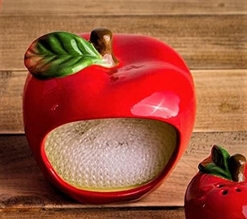 Red Apple Dish Sponge Holder by Home Essentials & Beyond, Kitchen Sponge Caddy with Nylon Non-Scratch Scrubber