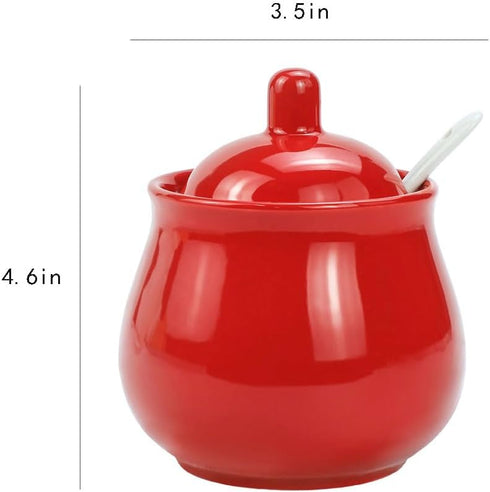 FUYU Ceramic Sugar Bowl with Lid and Spoon, Spice Jar Seasoning Box, Condiment Pot