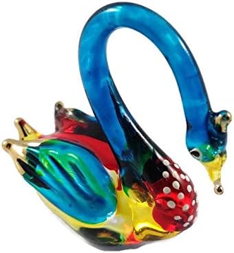 Tiny 2" High Multicolor Bending Neck Swan Waterfowl Bird Figurine, Miniature Hand Blown Painted Glass