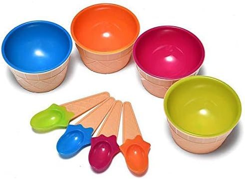 Dessert Bowls, 4 Pack Ice Cream Bowl Spoon Set, Durable Plastic Frozen Yogurt Cups with Spoons, Lovely Dessert Bowl for