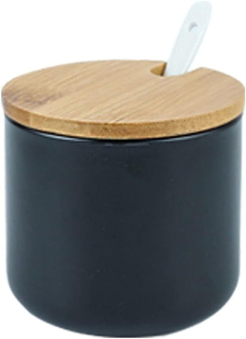 Simple Pure Color Ceramic Spice Jar, Seasoning Box with Bamboo Lid and Spoon, Sugar Bowl
